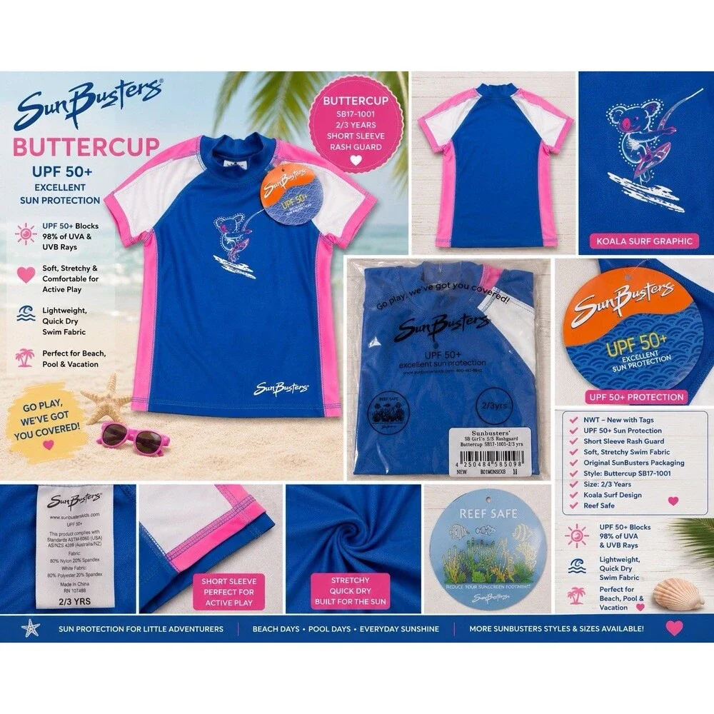 NWT SunBusters Buttercup Rash Guard 2/3Y UPF 50+ Navy & Pink Koala Girl Swim Top
